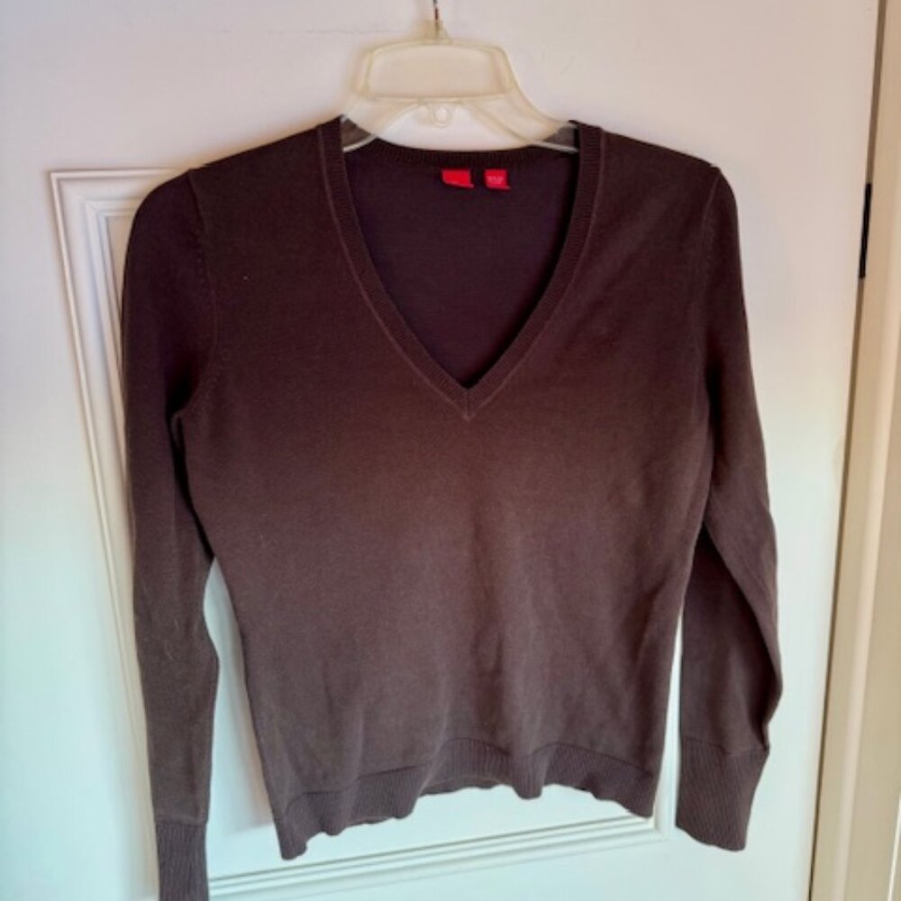Brown cotton knit v-neck long sleeves sweater